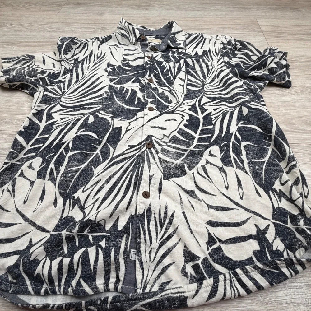 Tommy Bahama Mens‎ Large 100% Silk Black White Tropical Palm Leaf Camp Shirt